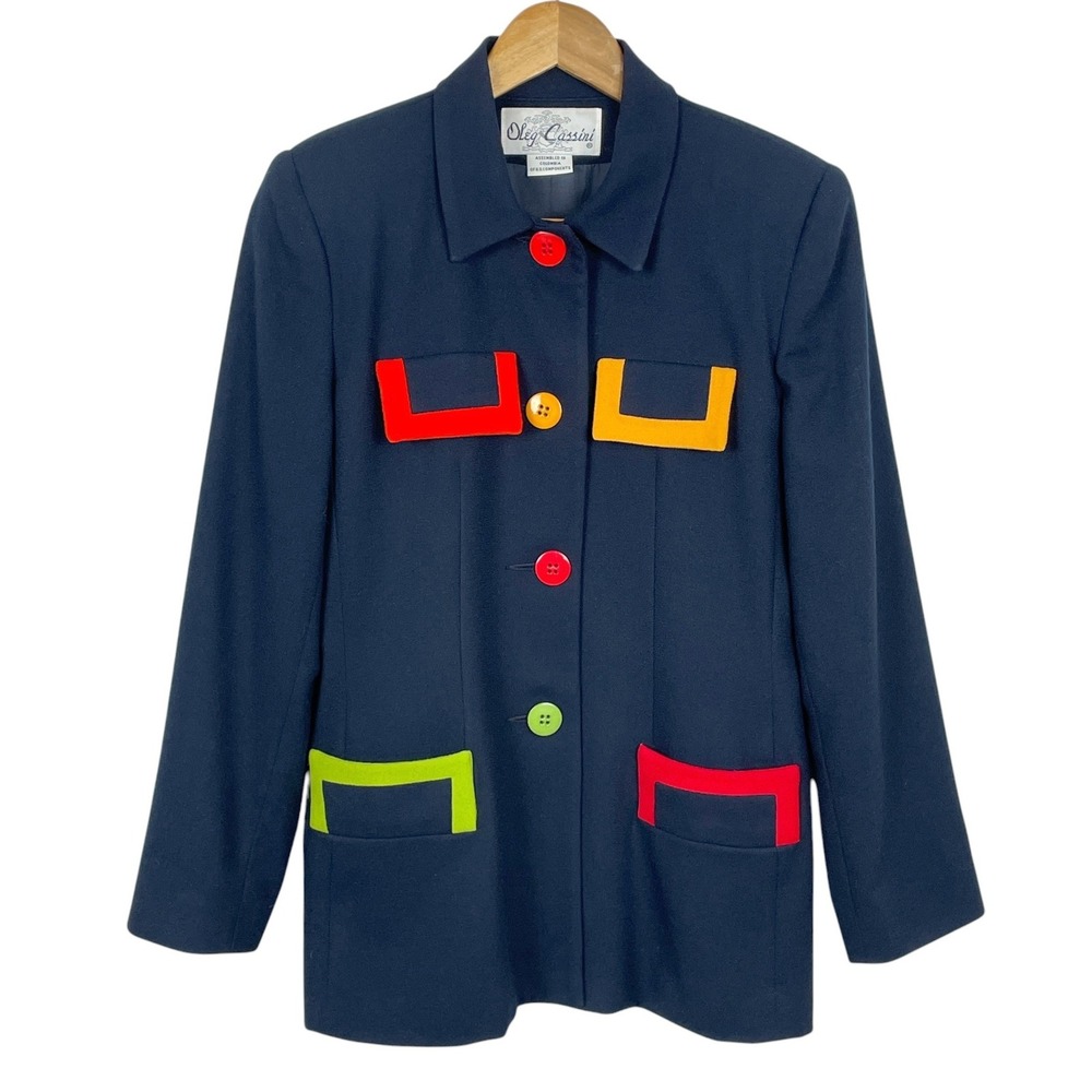 VTG Oleg Cassini Women Navy Blue Wool Colorblock Blazer Jacket Size 8 Maximalist